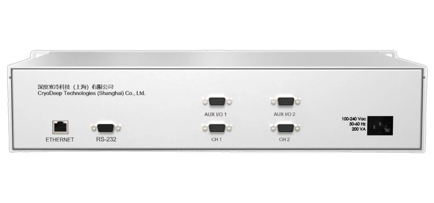 DEEP-TWO-4K 背板:以太网、RS-232、AUX I/O 1/2 与两路探头接口,100–240 Vac 电源输入